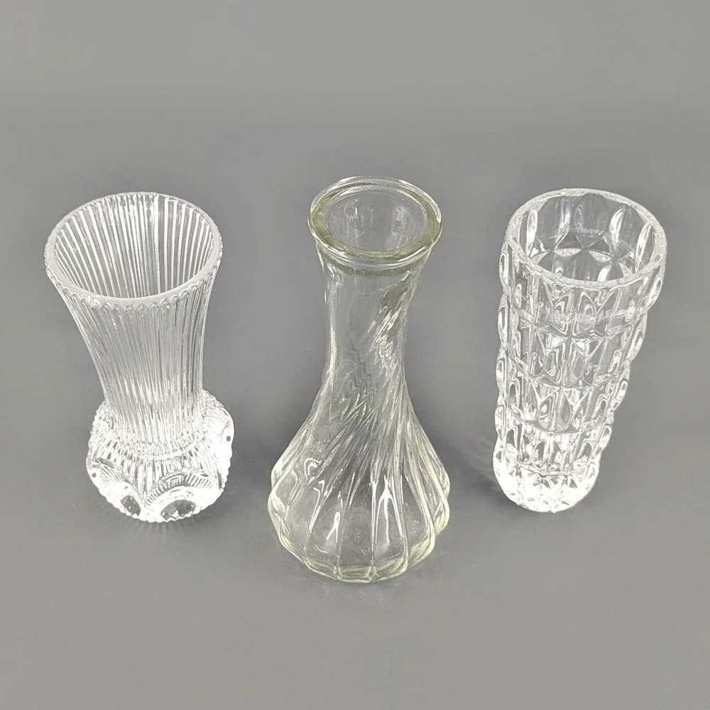 Vintage Clear Glass Bud Vases Set 3 Ribbed Swirl Thumbprint 5 to 6 Inch